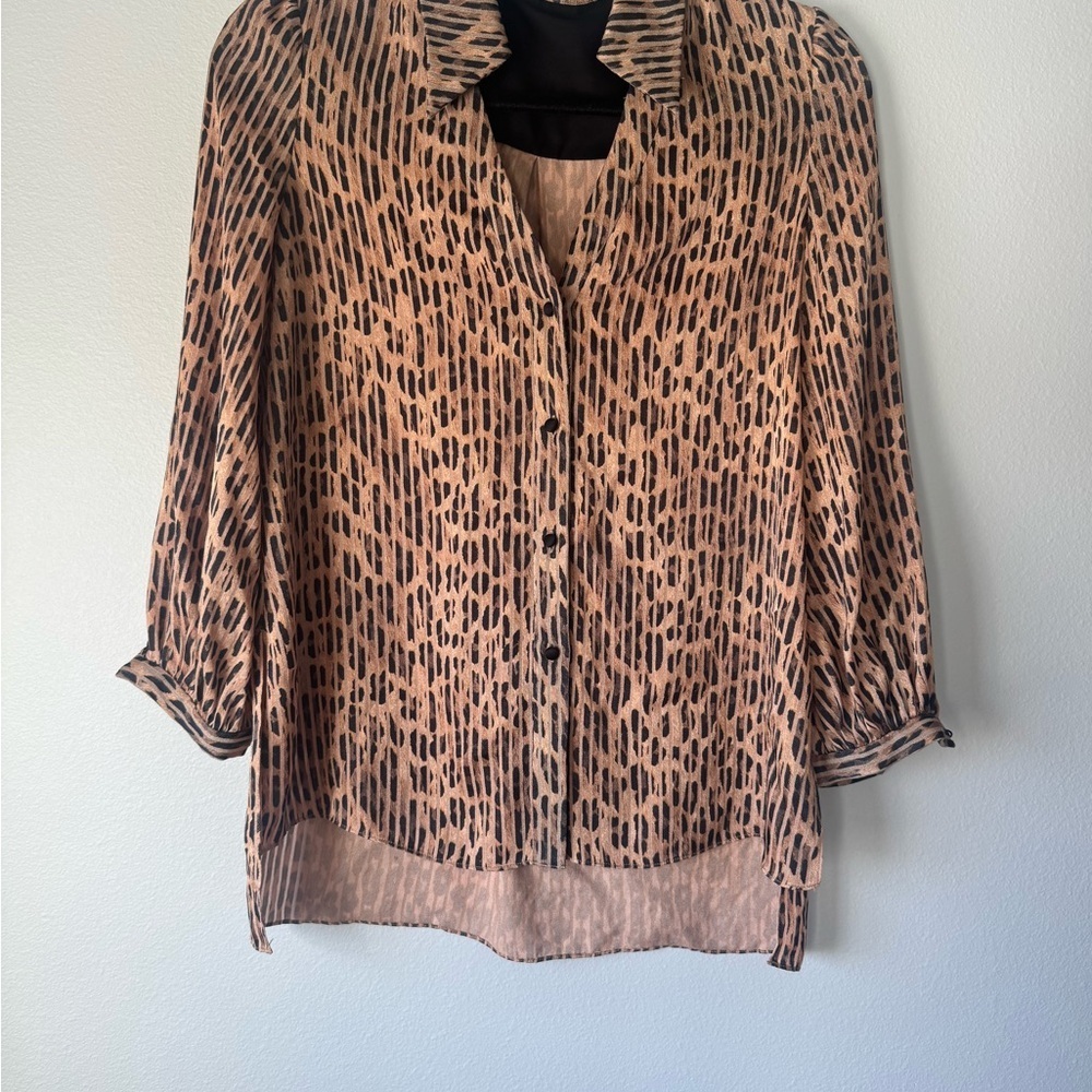 Alice + Olivia Animal Print Sheer Button Up Top